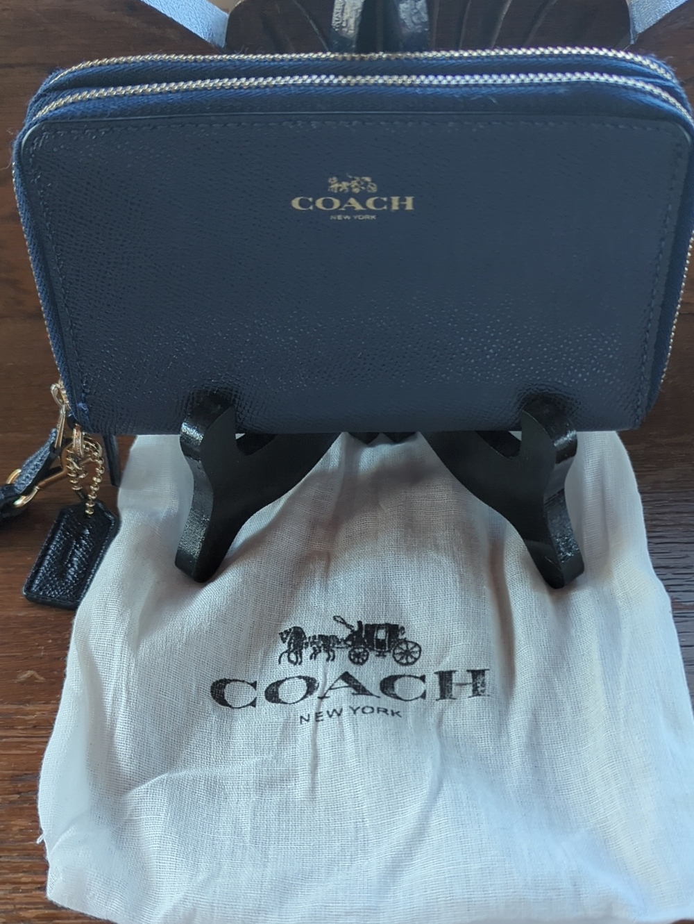 COACH Navy Double-Zip Wallet with Gold Logo, with Dust bag.